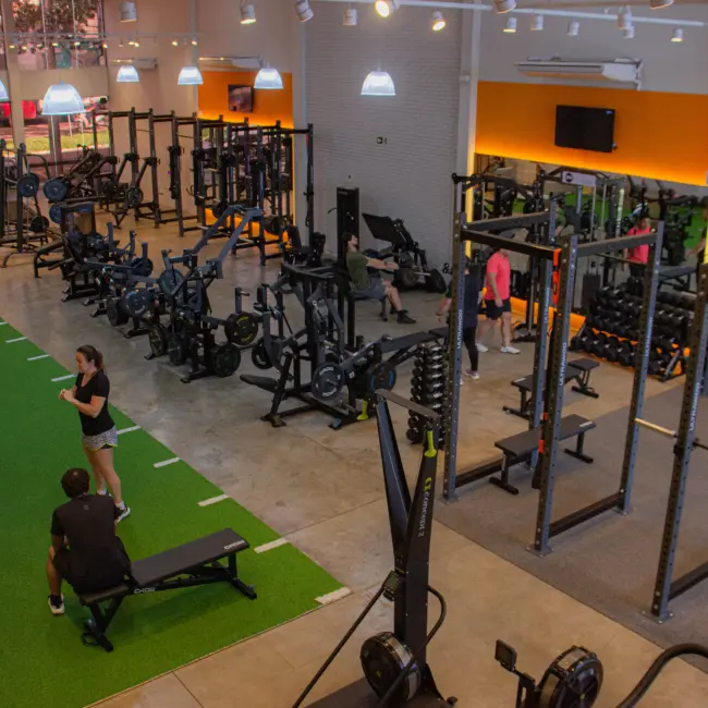 Estúdio de personal training com alunos e equipamentos modernos, incluindo área de grama, racks e remos Concept 2, focado em treino individualizado.